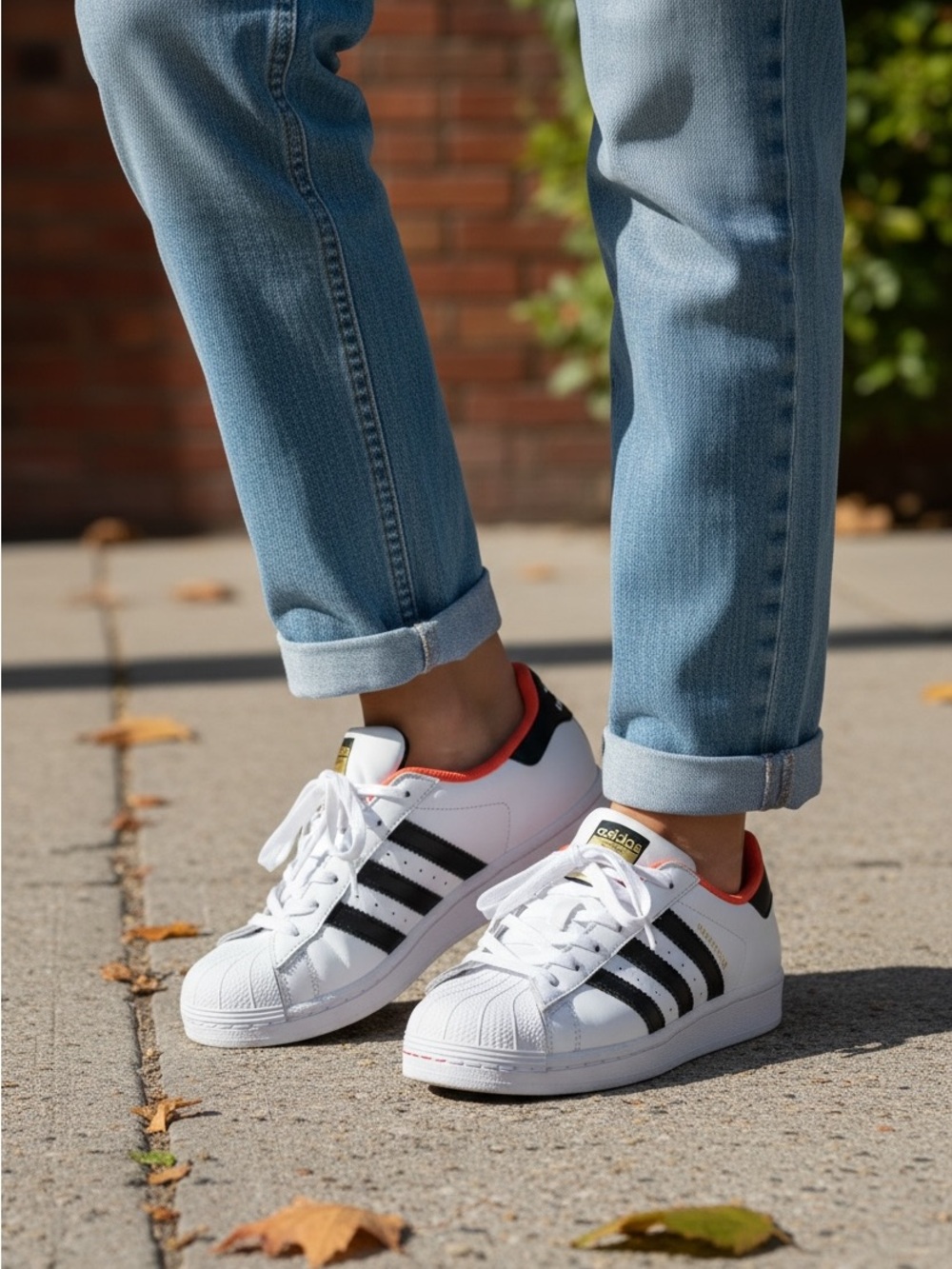 adidas Mens White Black Sneakers with Orange Accent